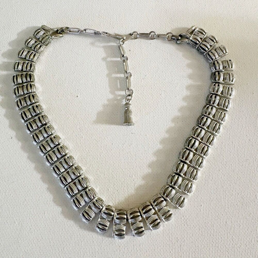 Silver Tone Articulated Square with Chain Accent Choker Necklace Fashion Jewelry